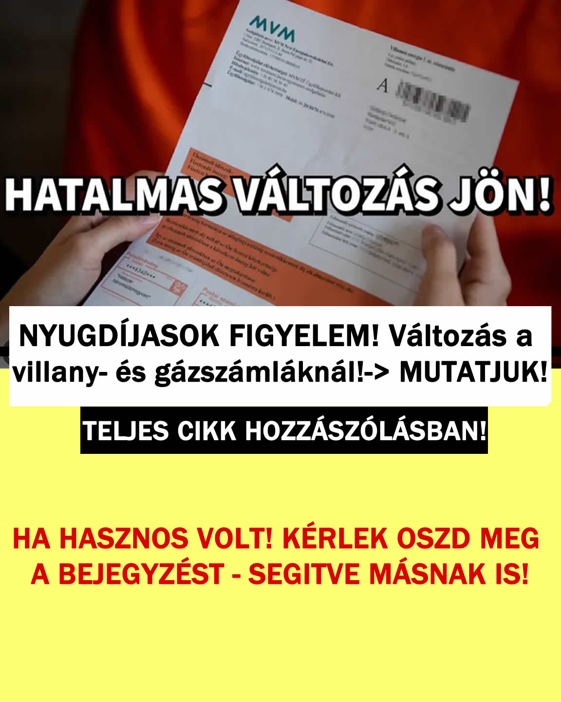 NYUGDÍJASOK FIGYELEM! Változás a villany- és gázszámláknál!